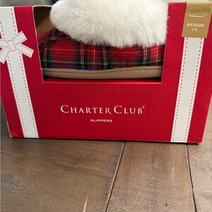 Charter Club Red Plaid Slippers with White Faux Fur